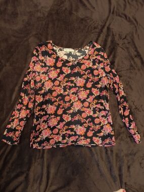 Jones New York Black Long Sleeve Floral Tee with Pink and Orange Print